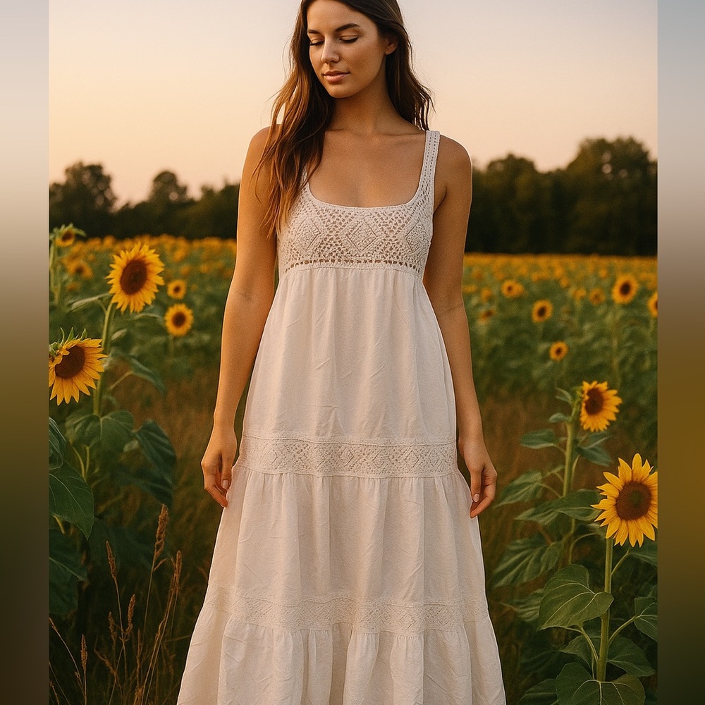 Urban Outfitters Boardwalk Crochet Maxi Dress Size Small Cream Off White New
